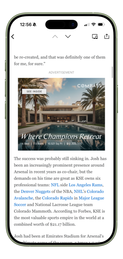 Compass ad shown in-feed on an iPhone news article