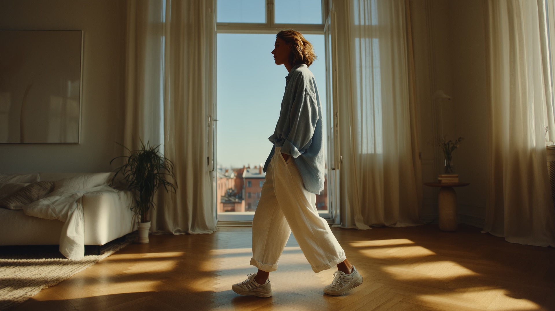A woman walking through her sunlit home in the morning light
